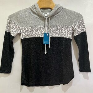Market & Spruce Womens  Small Petite Pullover Gray Leopard Print Color Block Top